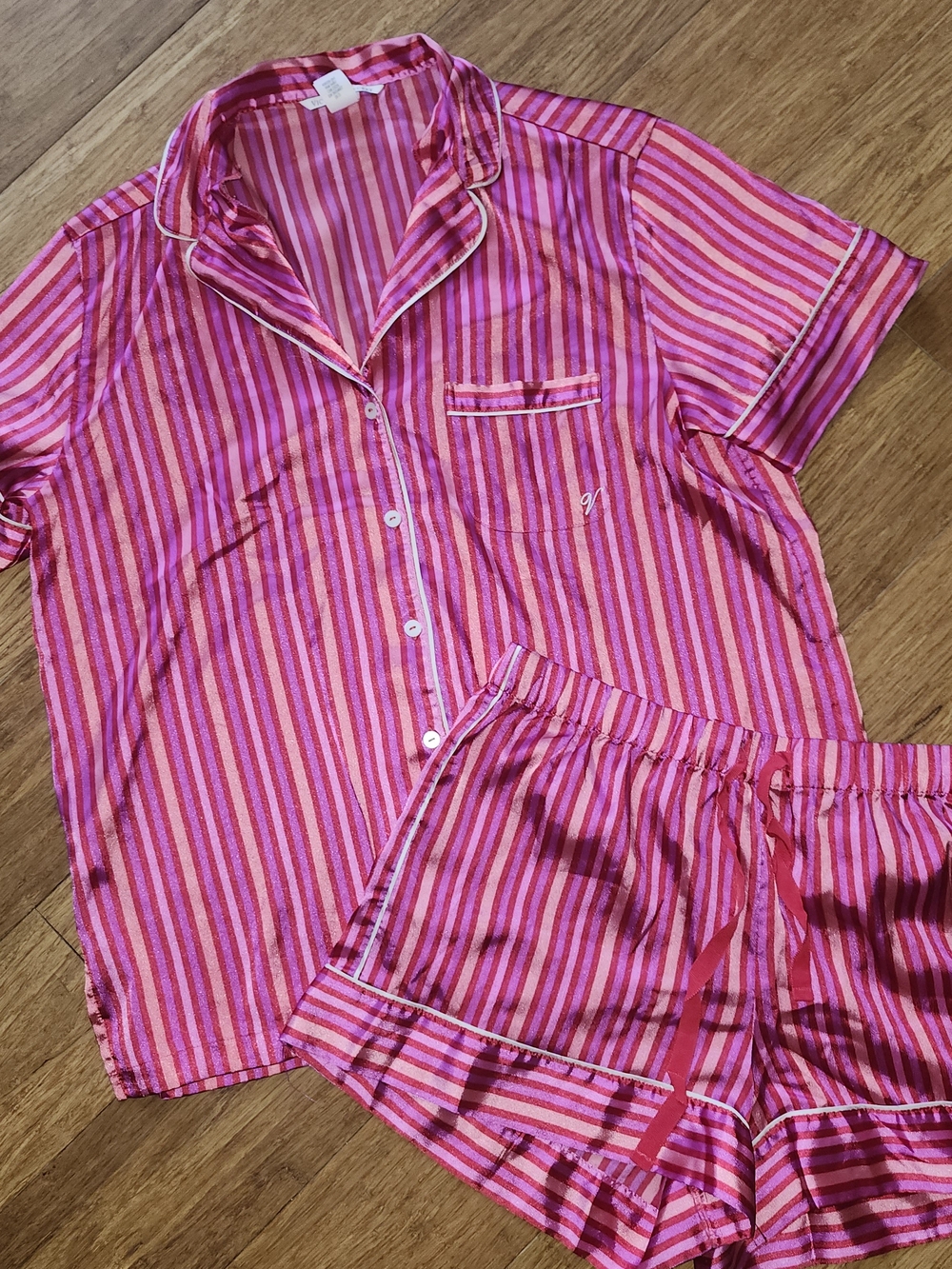 Victorias Secret Pink Striped Satin Pajama Set - Women Intimates & Sleepwear